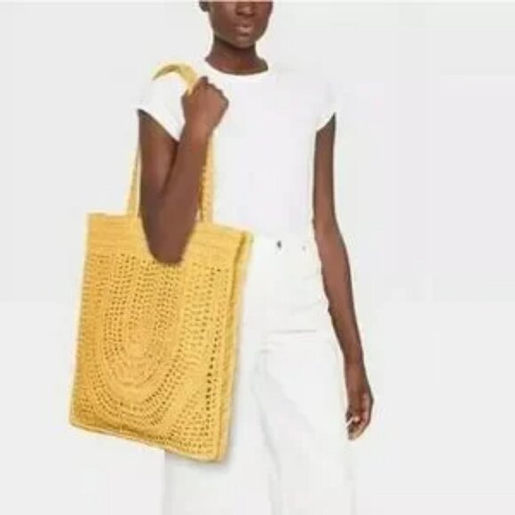UNIVERSAL THREAD Women's Yellow Crochet Cotton Boho Tote Bag - Picture 1 of 7